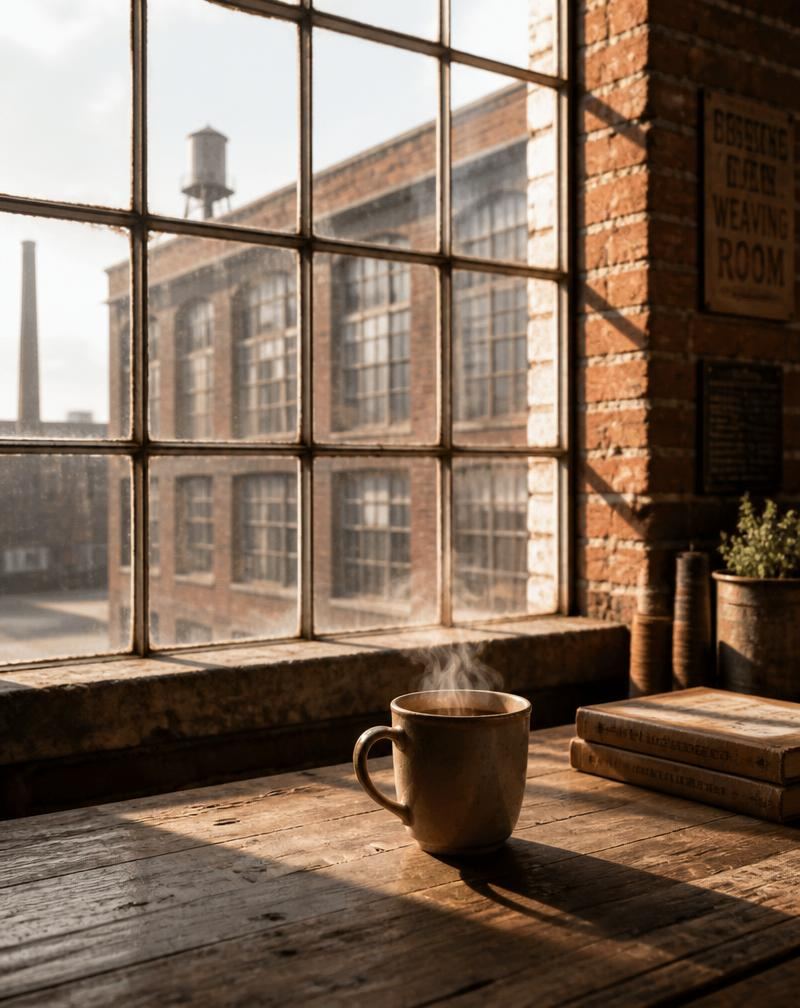 Lumière du matin sur une fenêtre d'usine en brique roubaisienne, une tasse de café fumante